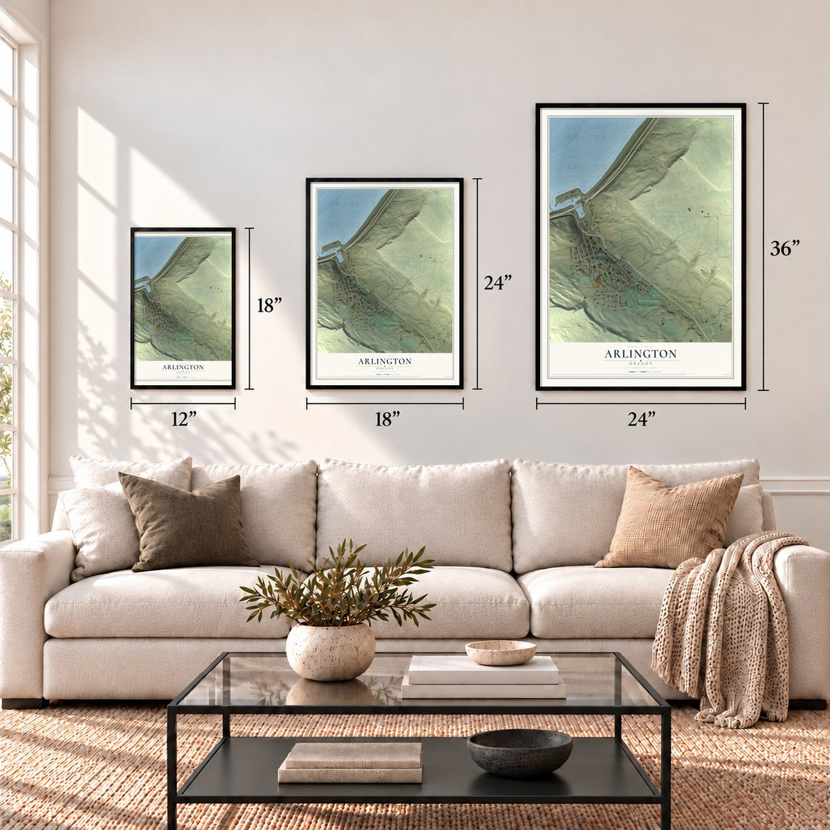 Arlington, Oregon map in 12 x 18, 18 x 24 and 24 x 36 inch sizes above a sofa