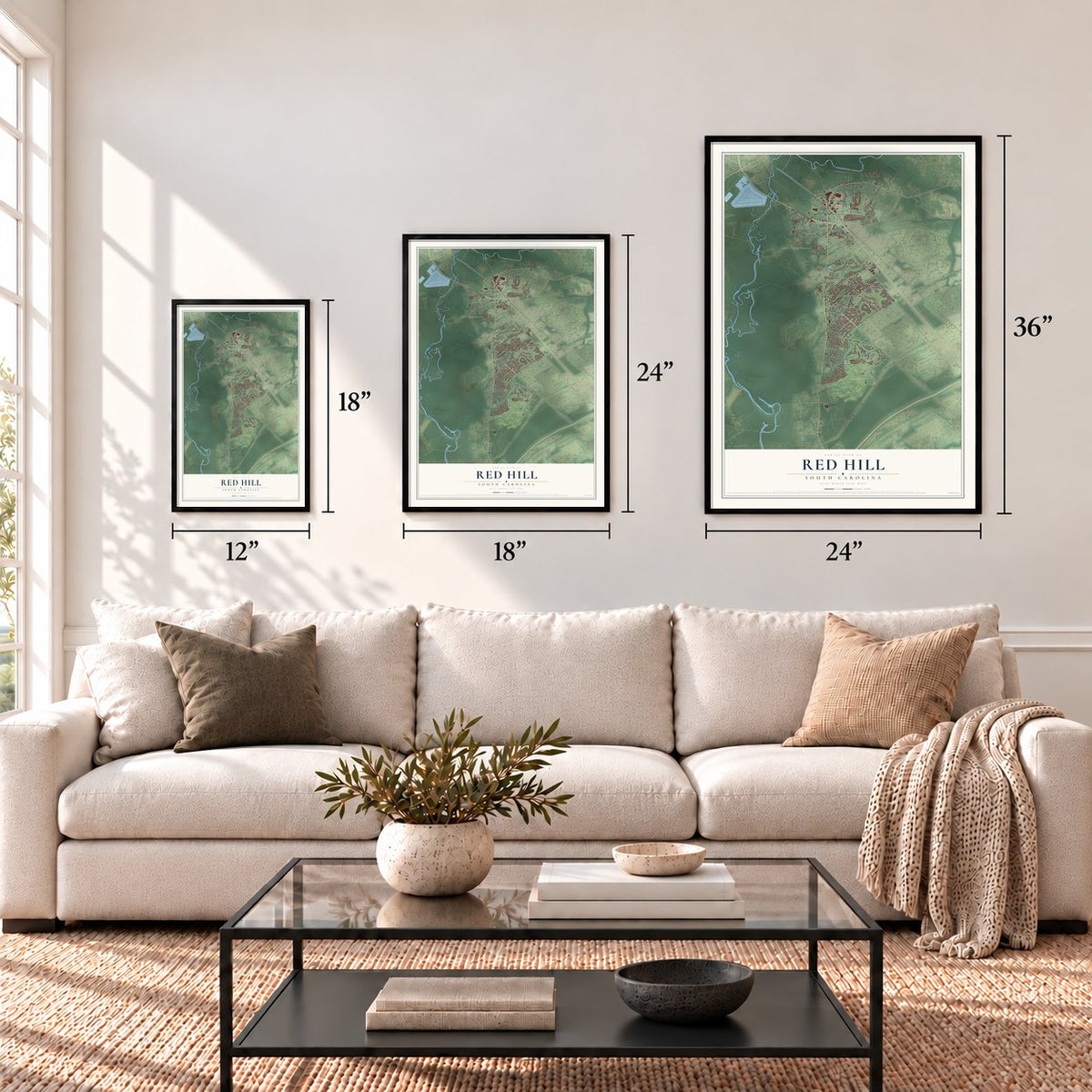 Red Hill, South Carolina map in 12 x 18, 18 x 24 and 24 x 36 inch sizes above a sofa