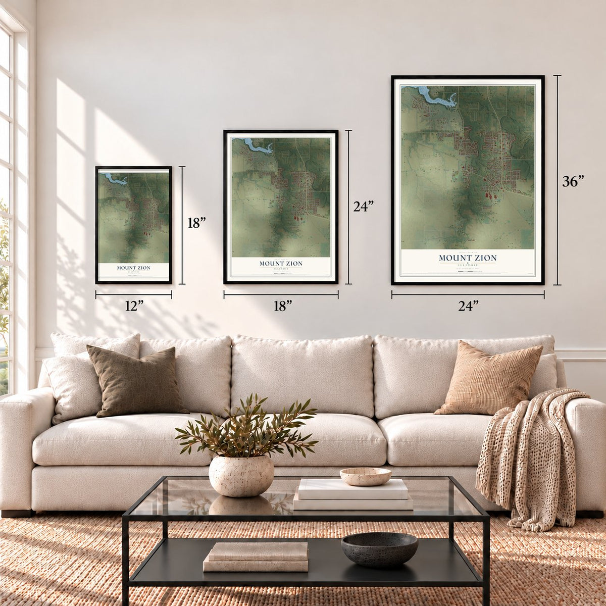 Mount Zion, Illinois map in 12 x 18, 18 x 24 and 24 x 36 inch sizes above a sofa