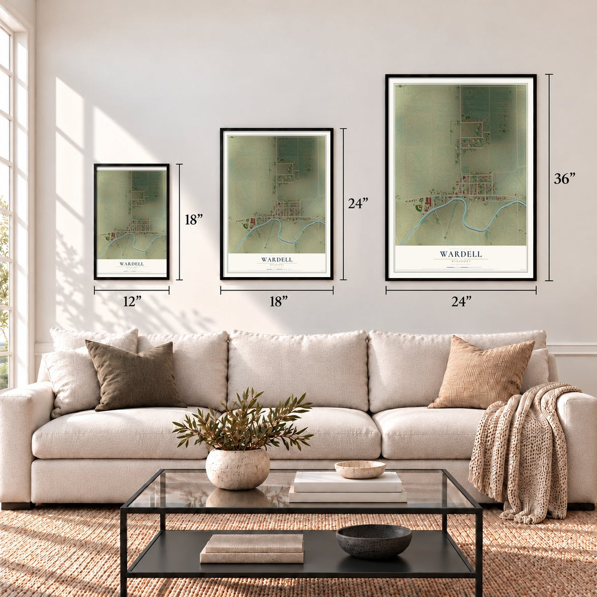 Wardell, Missouri map in 12 x 18, 18 x 24 and 24 x 36 inch sizes above a sofa