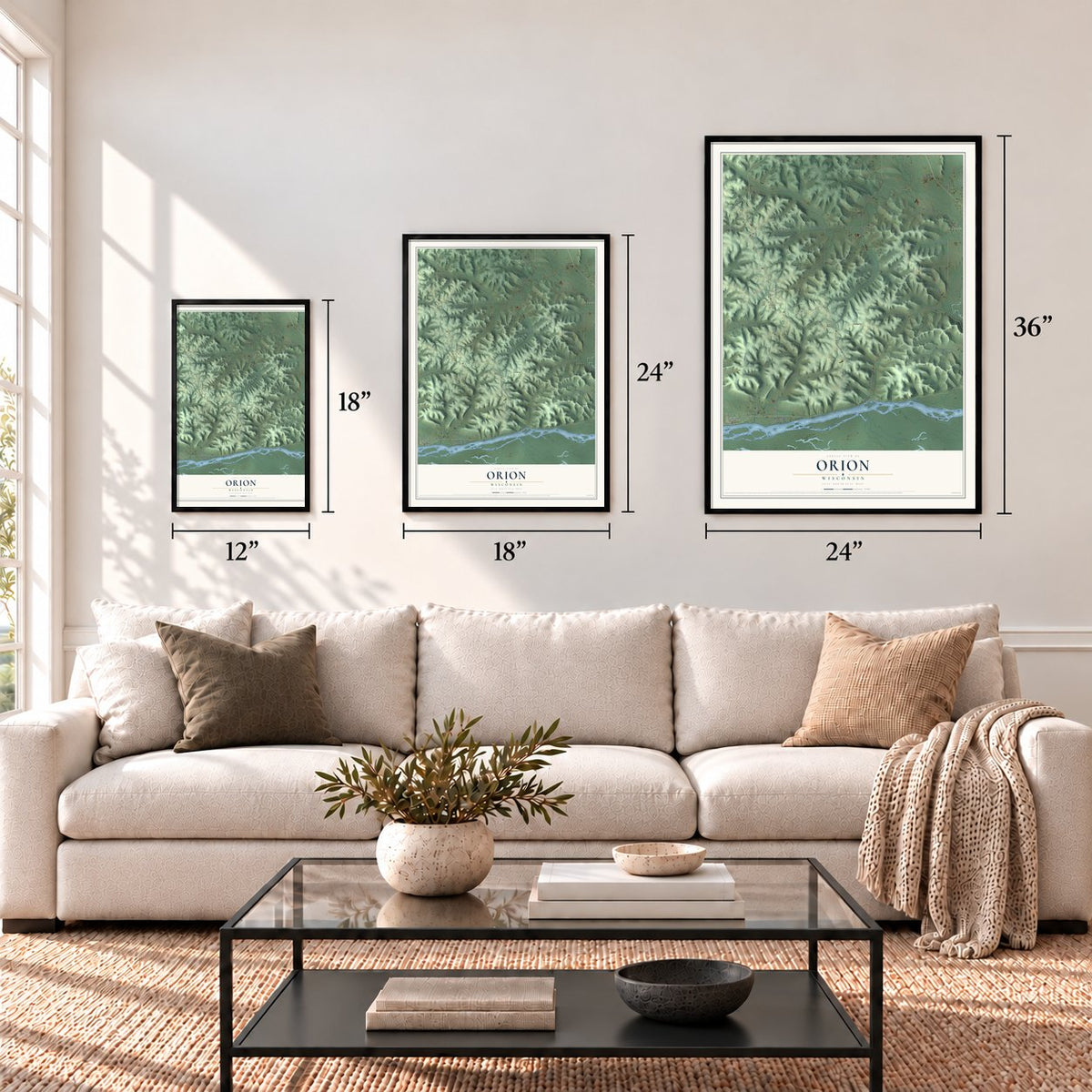 Orion, Wisconsin map in 12 x 18, 18 x 24 and 24 x 36 inch sizes above a sofa