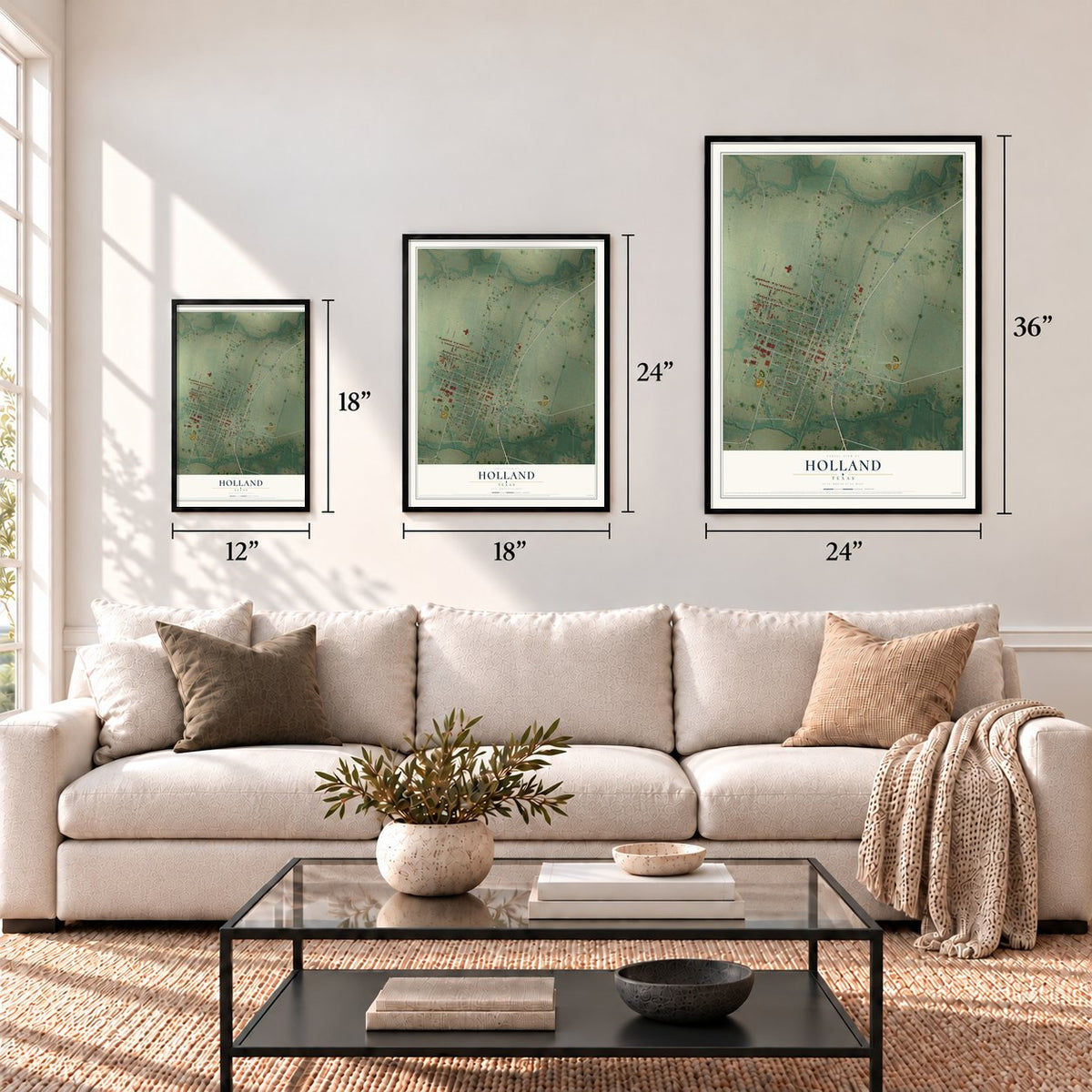 Holland, Texas map in 12 x 18, 18 x 24 and 24 x 36 inch sizes above a sofa