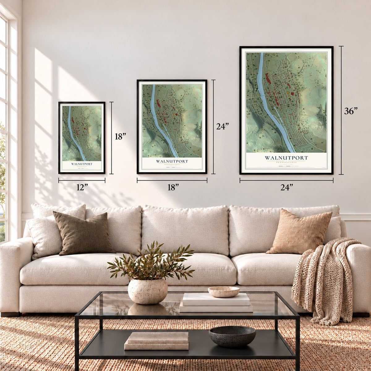 Walnutport, Pennsylvania map in 12 x 18, 18 x 24 and 24 x 36 inch sizes above a sofa