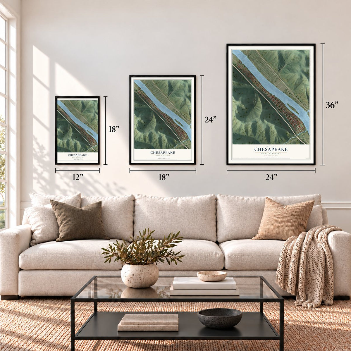 Chesapeake, West Virginia map in 12 x 18, 18 x 24 and 24 x 36 inch sizes above a sofa