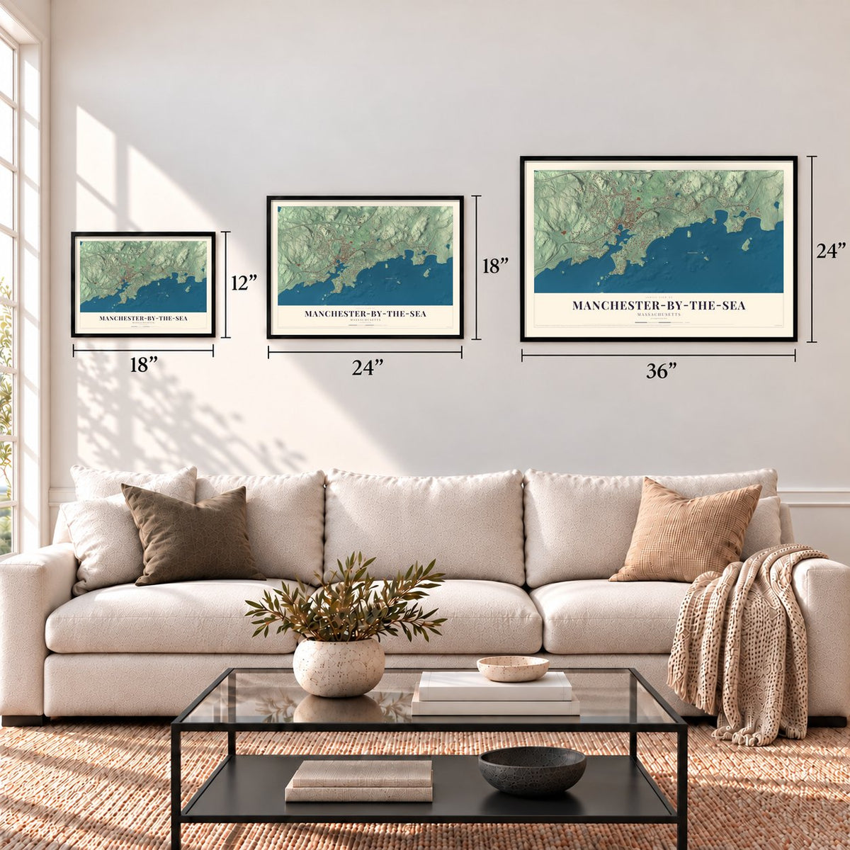 Manchester-by-the-Sea, Massachusetts map in 12 x 18, 18 x 24 and 24 x 36 inch sizes above a sofa