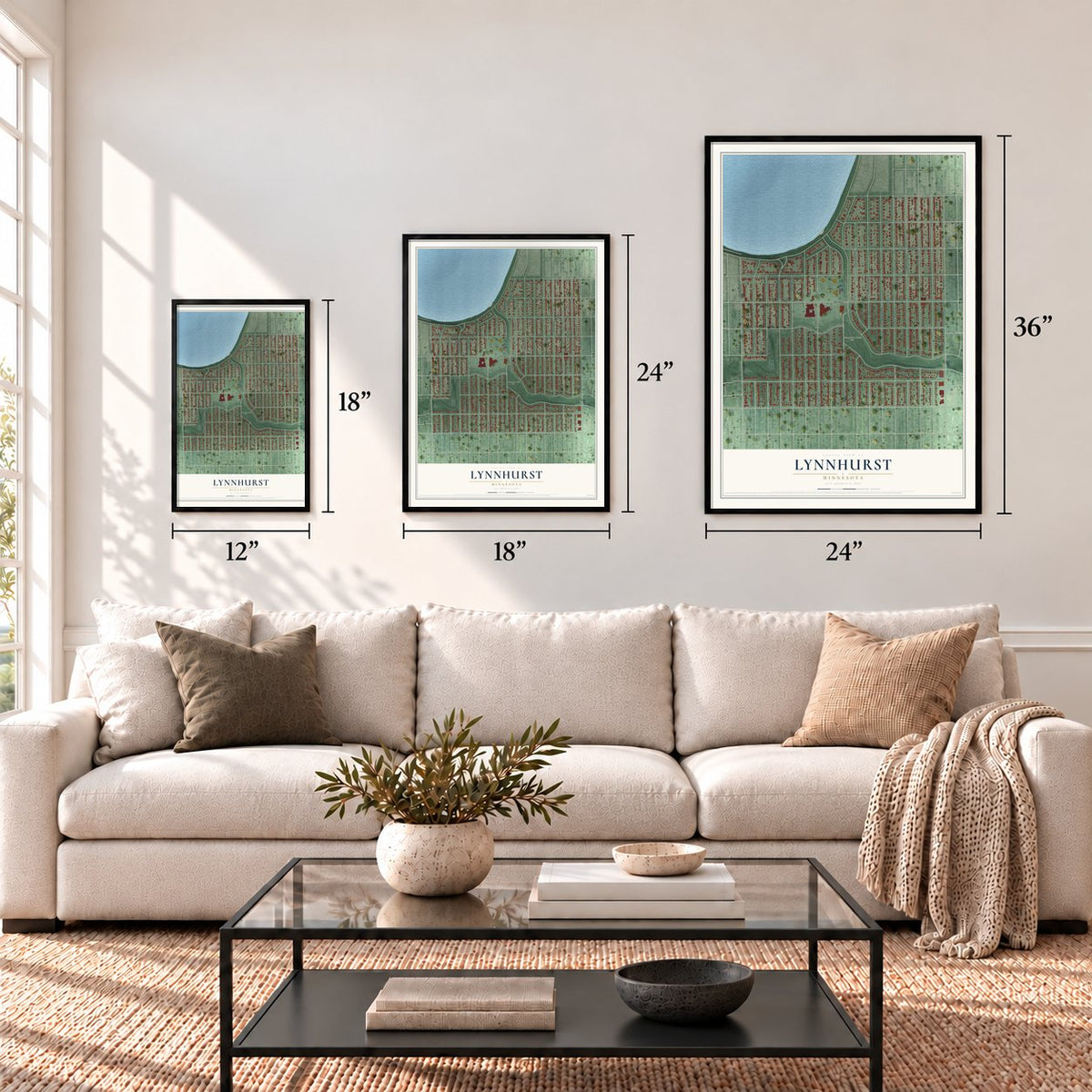 Lynnhurst, Minnesota map in 12 x 18, 18 x 24 and 24 x 36 inch sizes above a sofa