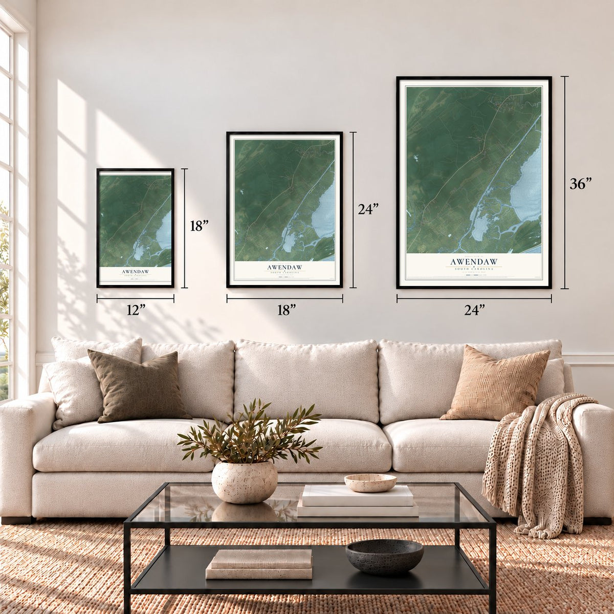 Awendaw, South Carolina map in 12 x 18, 18 x 24 and 24 x 36 inch sizes above a sofa