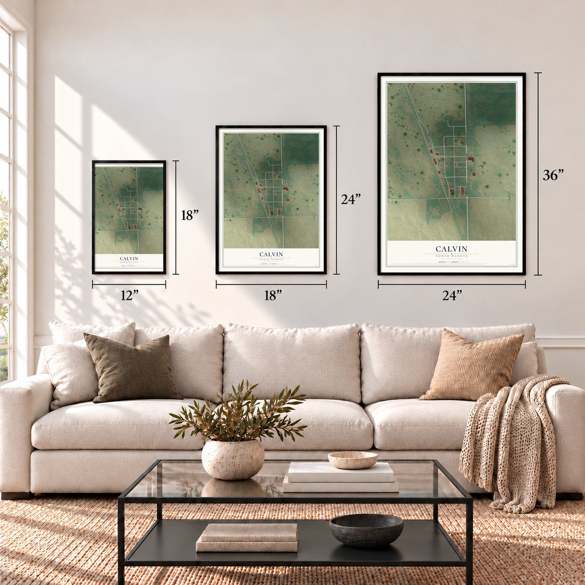 Calvin, North Dakota map in 12 x 18, 18 x 24 and 24 x 36 inch sizes above a sofa