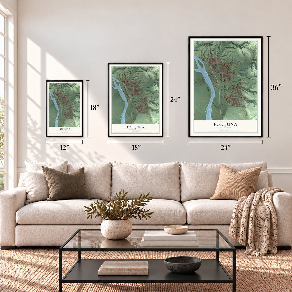 Fortuna, California map in 12 x 18, 18 x 24 and 24 x 36 inch sizes above a sofa