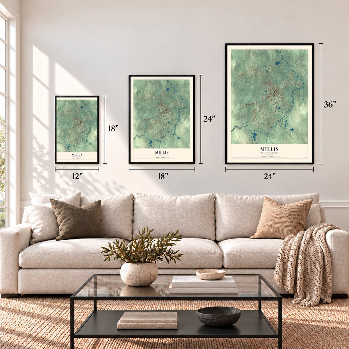 Millis, Massachusetts map in 12 x 18, 18 x 24 and 24 x 36 inch sizes above a sofa