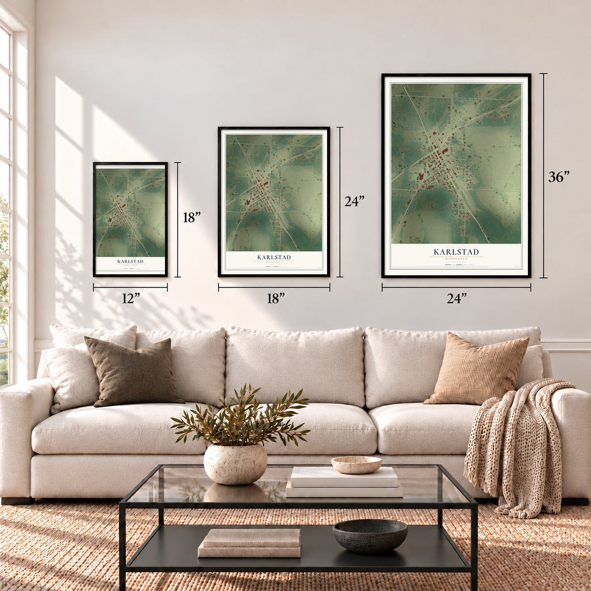 Karlstad, Minnesota map in 12 x 18, 18 x 24 and 24 x 36 inch sizes above a sofa