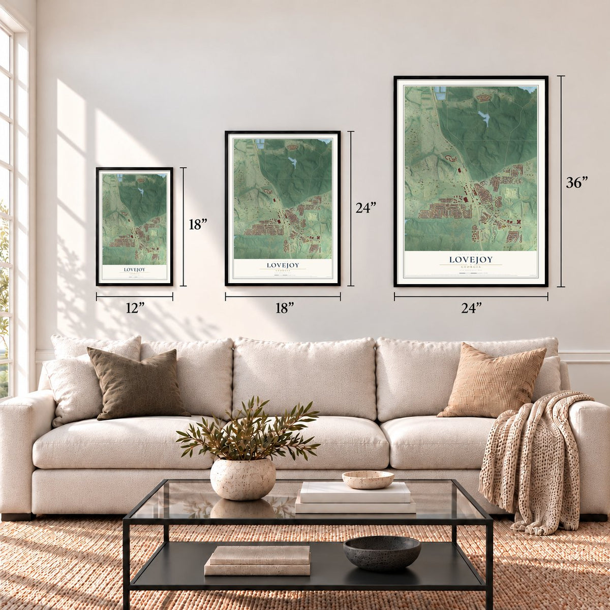 Lovejoy, Georgia map in 12 x 18, 18 x 24 and 24 x 36 inch sizes above a sofa