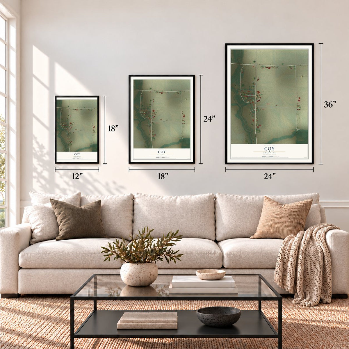 Coy, Arkansas map in 12 x 18, 18 x 24 and 24 x 36 inch sizes above a sofa