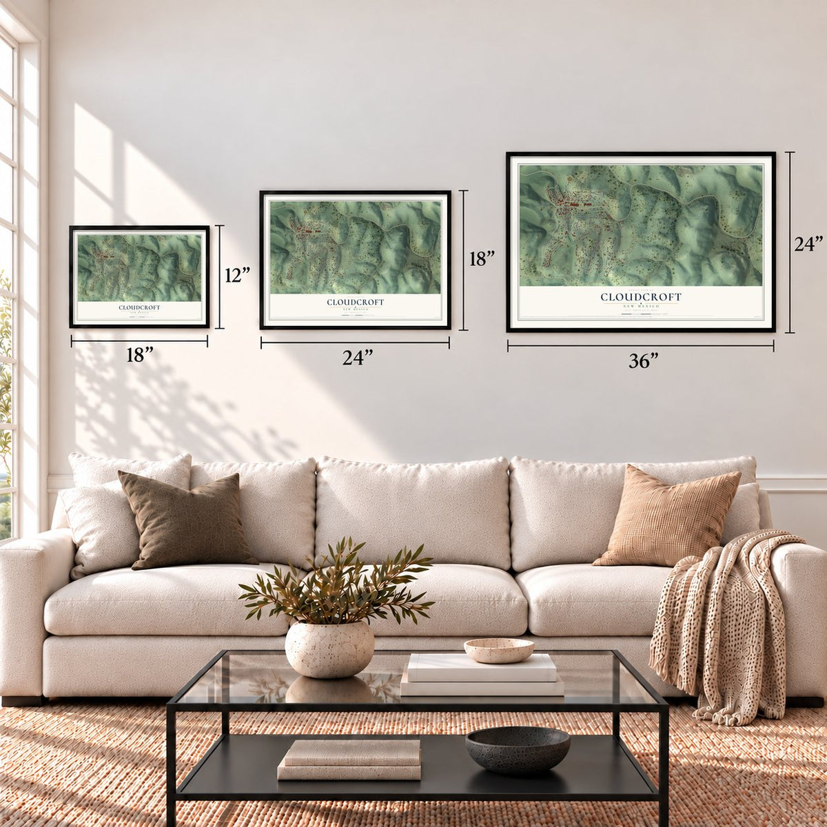 Cloudcroft, New Mexico map in 12 x 18, 18 x 24 and 24 x 36 inch sizes above a sofa