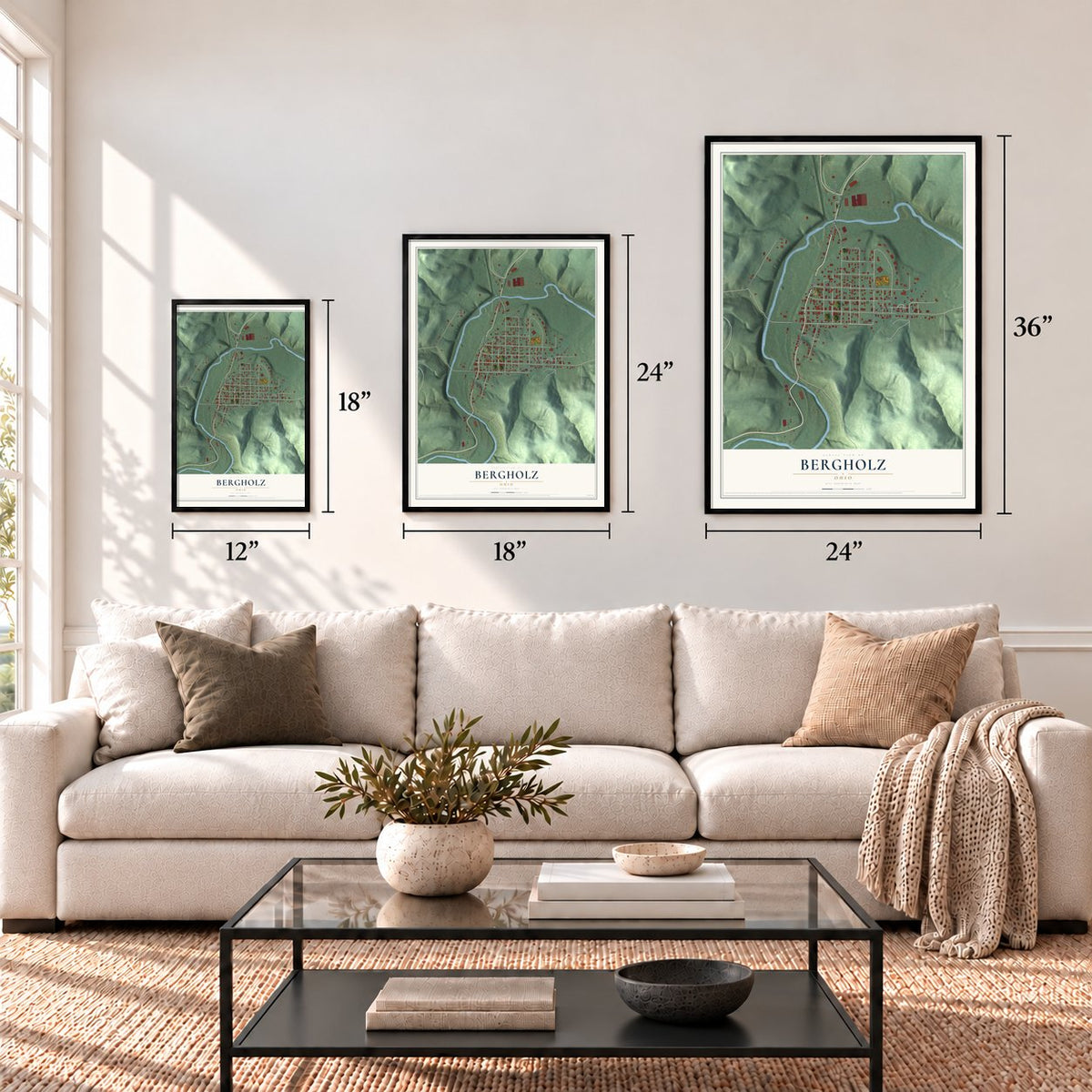Bergholz, Ohio map in 12 x 18, 18 x 24 and 24 x 36 inch sizes above a sofa