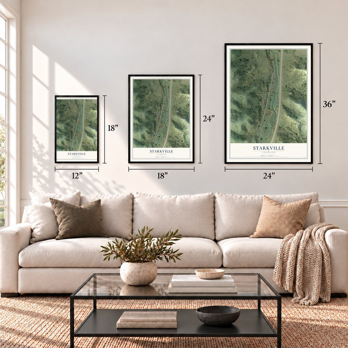 Starkville, Colorado map in 12 x 18, 18 x 24 and 24 x 36 inch sizes above a sofa