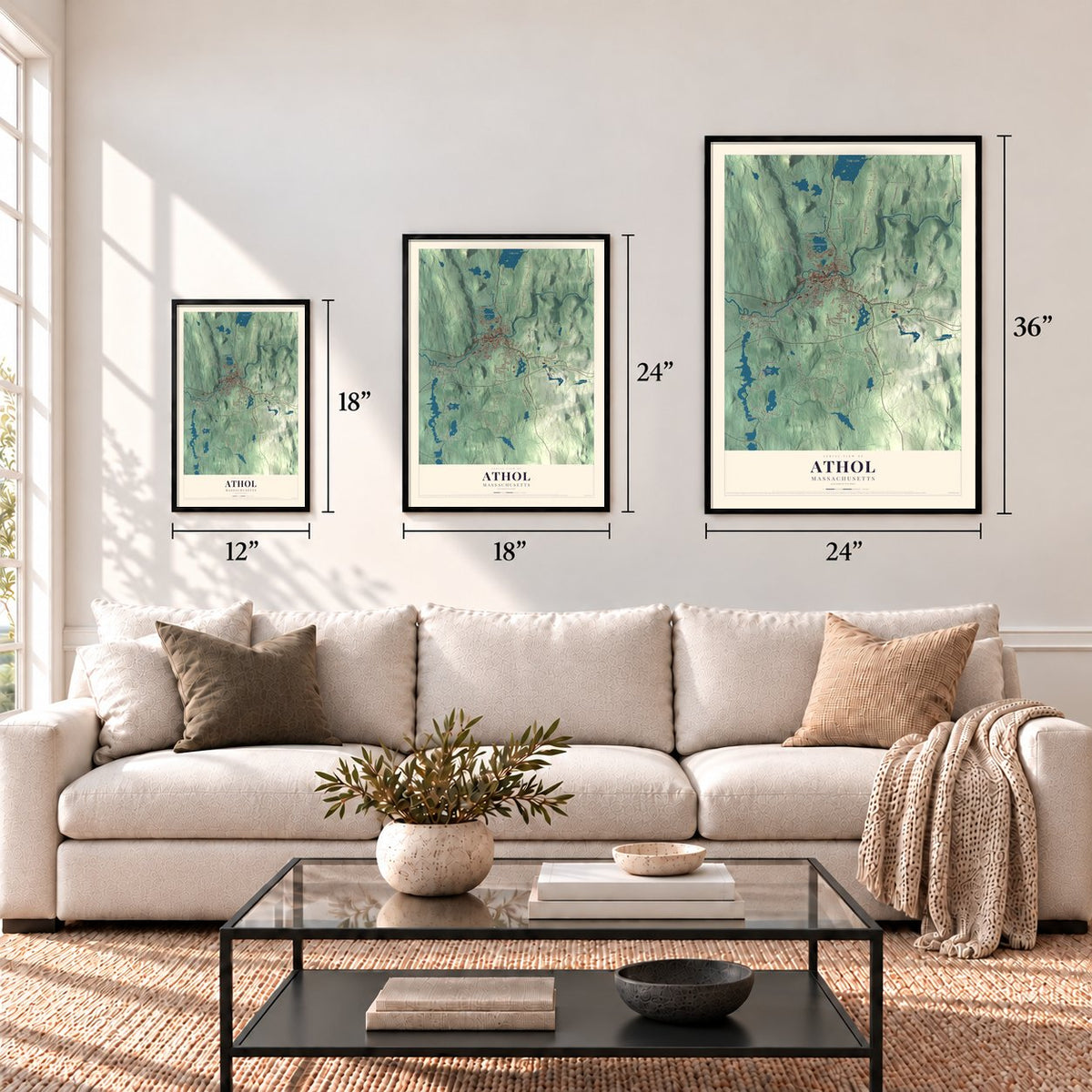 Athol, Massachusetts map in 12 x 18, 18 x 24 and 24 x 36 inch sizes above a sofa