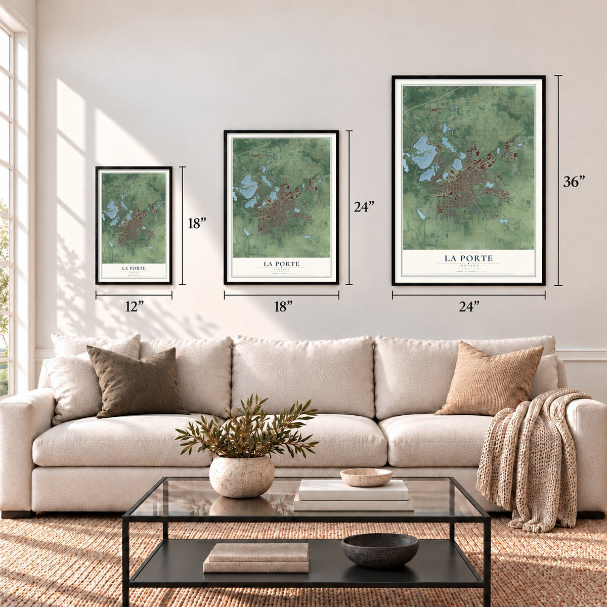 La Porte, Indiana map in 12 x 18, 18 x 24 and 24 x 36 inch sizes above a sofa