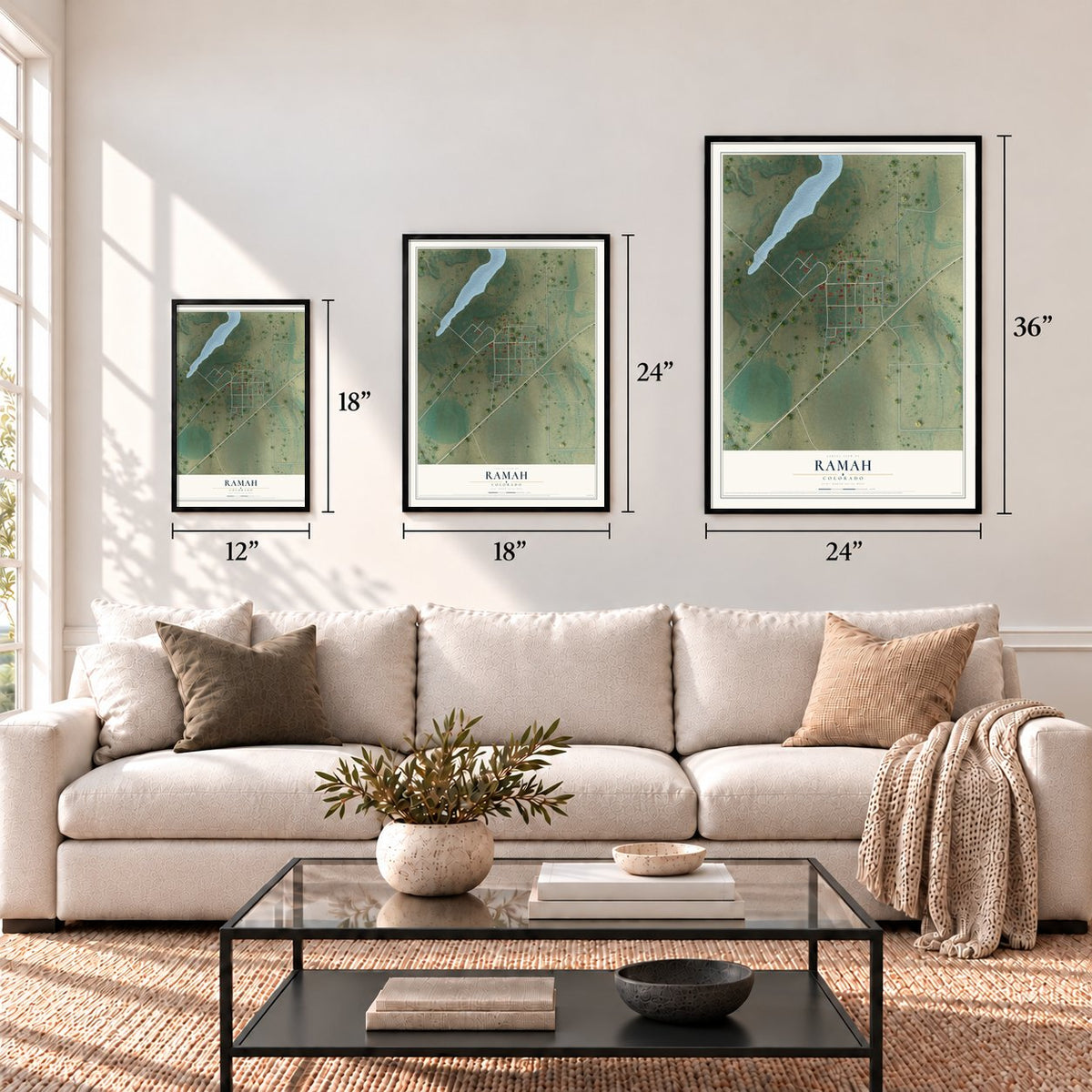 Ramah, Colorado map in 12 x 18, 18 x 24 and 24 x 36 inch sizes above a sofa