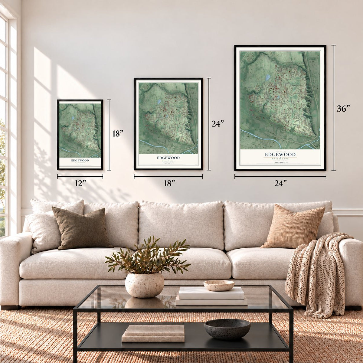 Edgewood, Washington map in 12 x 18, 18 x 24 and 24 x 36 inch sizes above a sofa