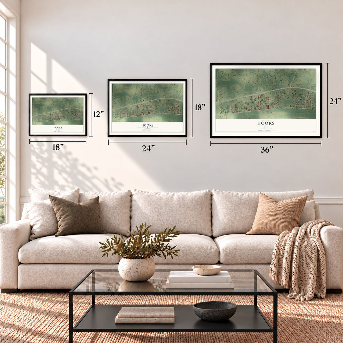 Hooks, Texas map in 12 x 18, 18 x 24 and 24 x 36 inch sizes above a sofa