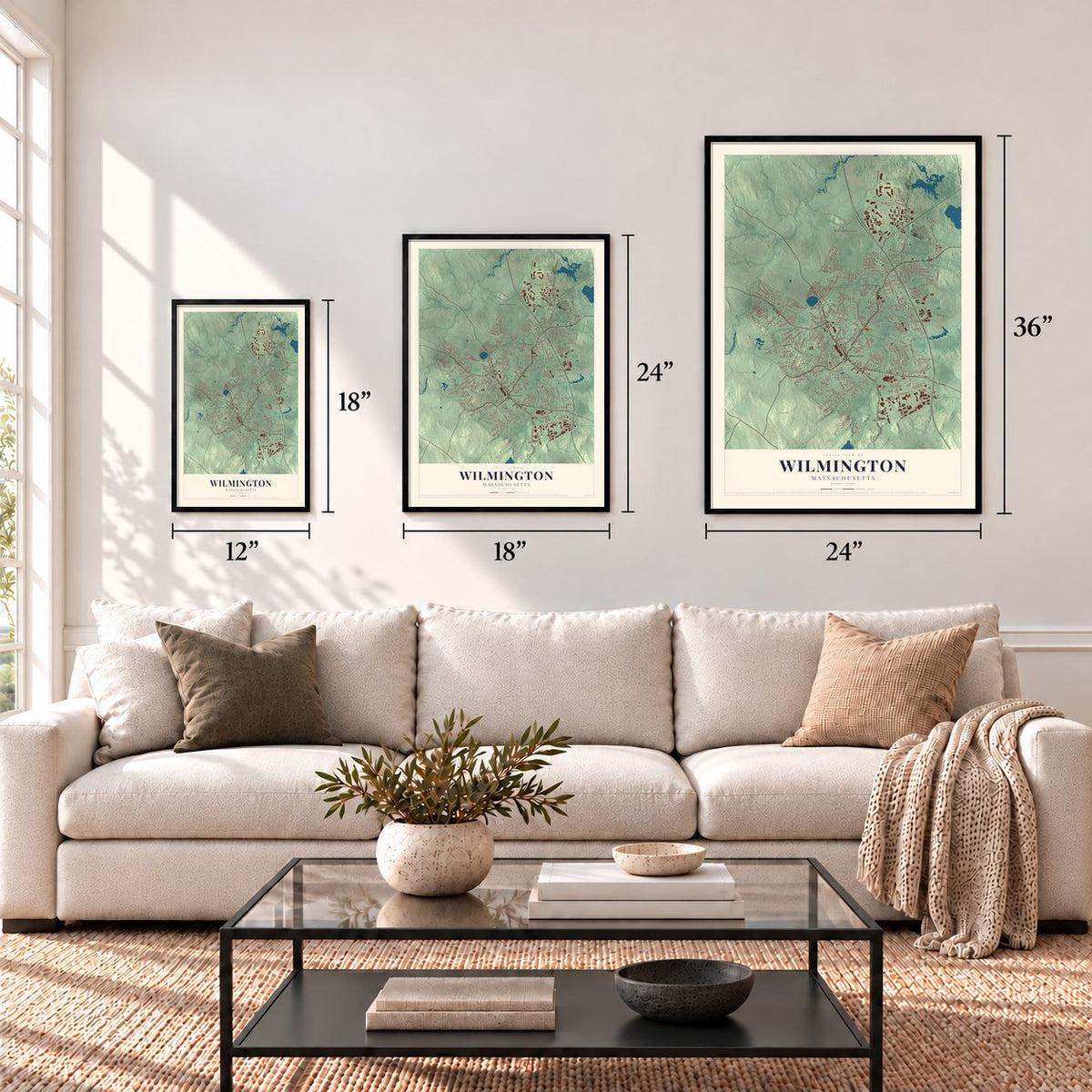 Wilmington, Massachusetts map in 12 x 18, 18 x 24 and 24 x 36 inch sizes above a sofa