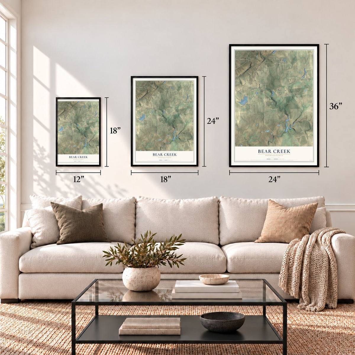 Bear Creek, Pennsylvania map in 12 x 18, 18 x 24 and 24 x 36 inch sizes above a sofa
