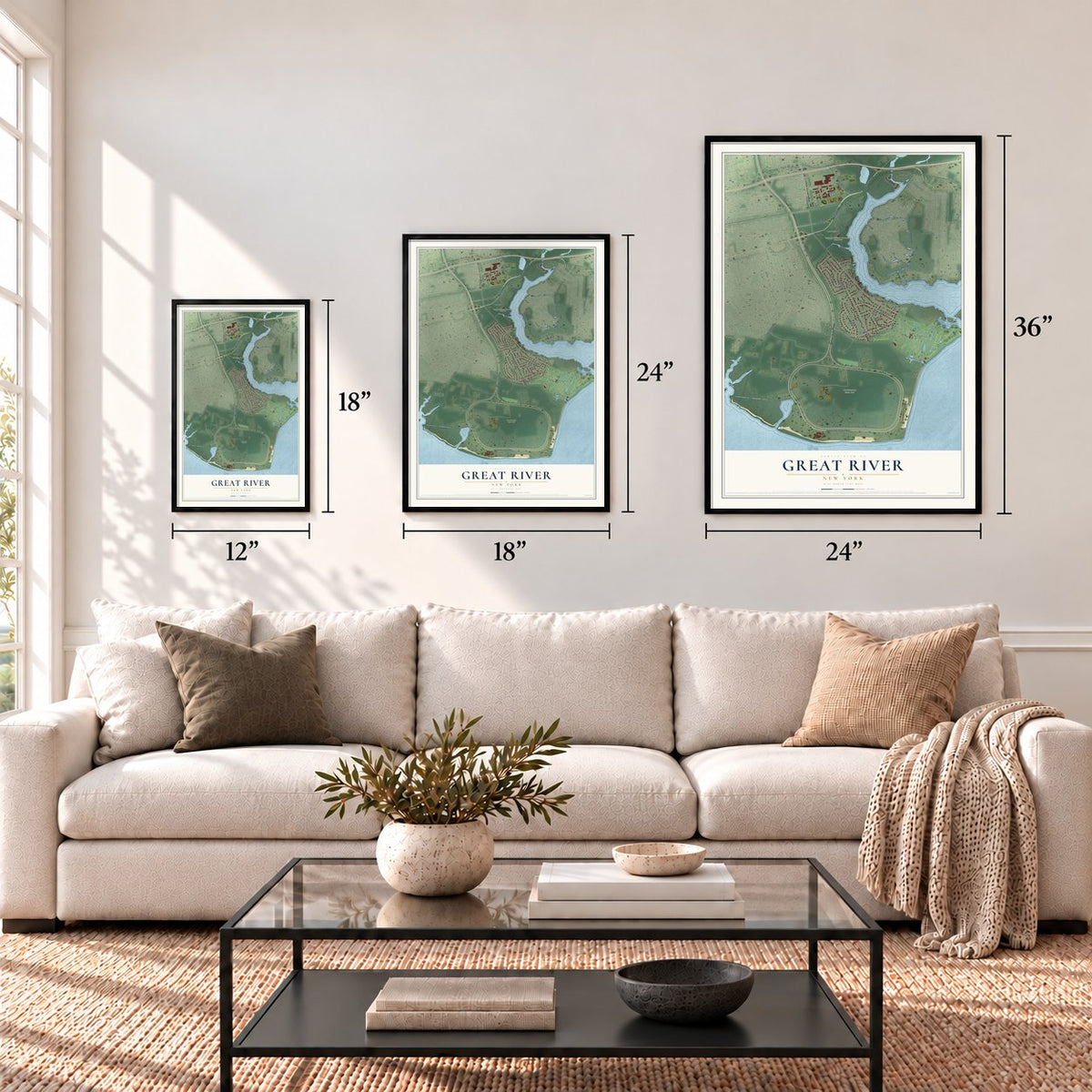 Great River, New York map in 12 x 18, 18 x 24 and 24 x 36 inch sizes above a sofa
