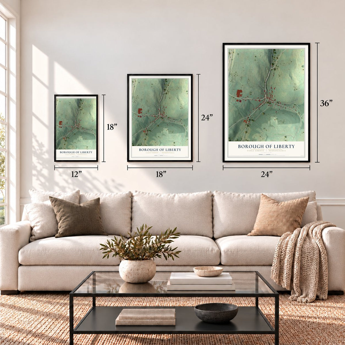 Borough of Liberty, Tioga County, Pennsylvania map in 12 x 18, 18 x 24 and 24 x 36 inch sizes above a sofa