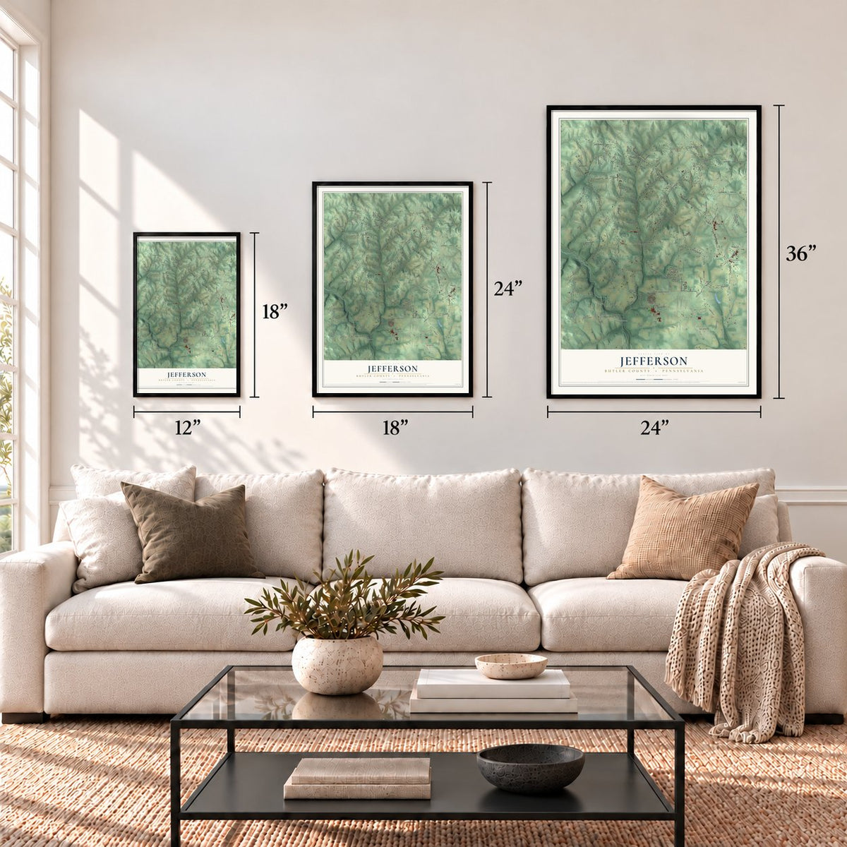 Jefferson, Butler County, Pennsylvania map in 12 x 18, 18 x 24 and 24 x 36 inch sizes above a sofa