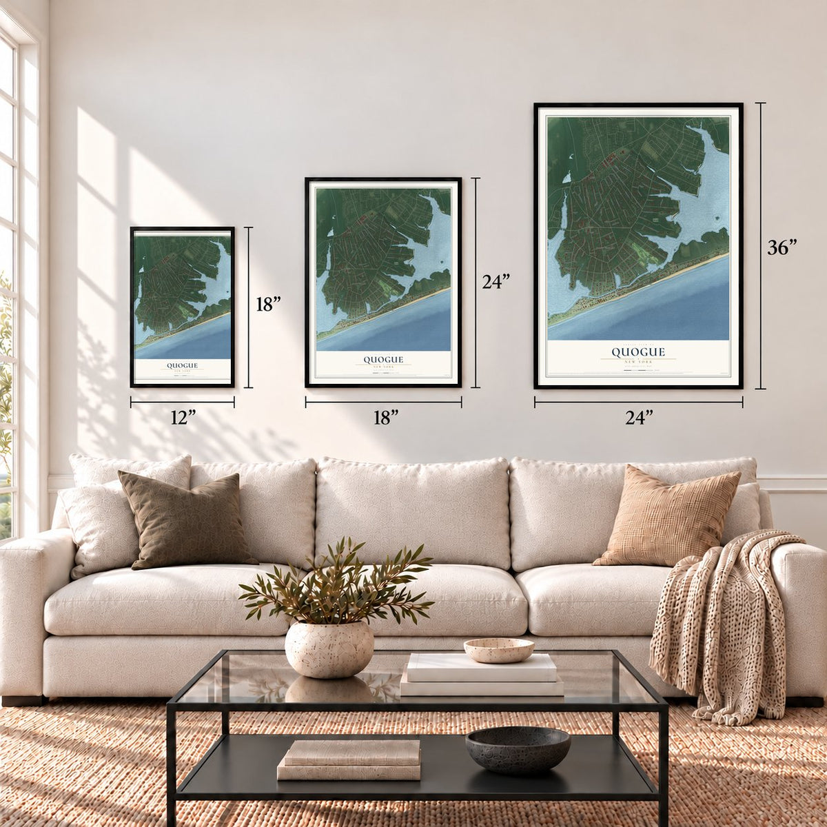 Quogue, New York map in 12 x 18, 18 x 24 and 24 x 36 inch sizes above a sofa