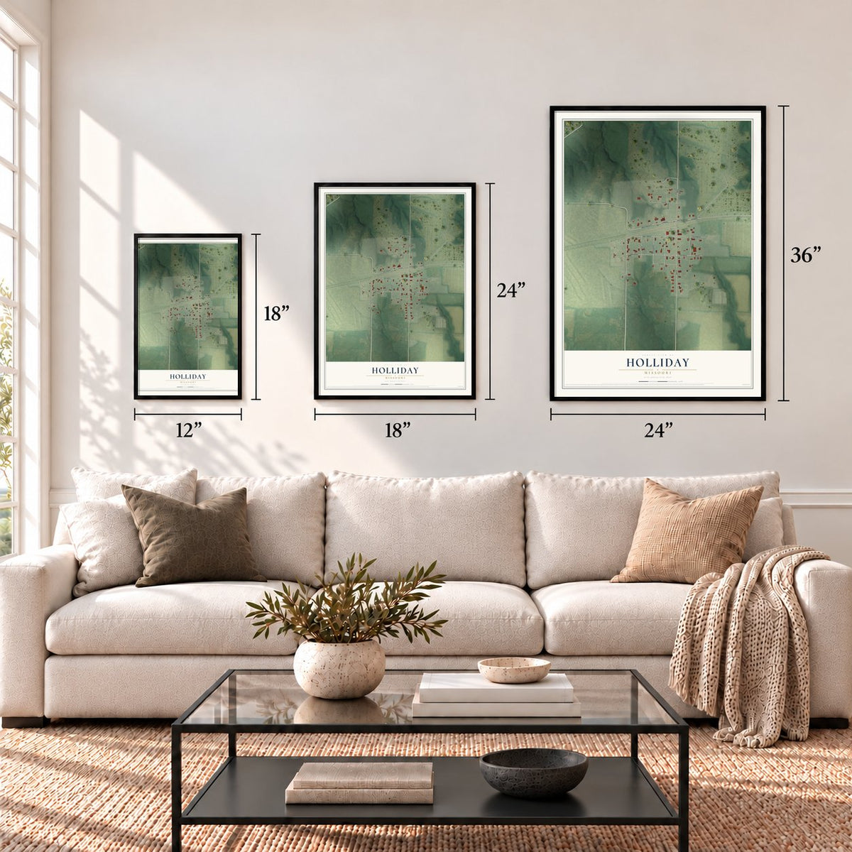 Holliday, Missouri map in 12 x 18, 18 x 24 and 24 x 36 inch sizes above a sofa