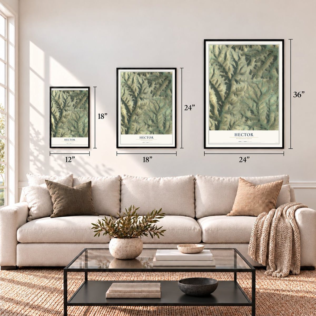 Hector, Pennsylvania map in 12 x 18, 18 x 24 and 24 x 36 inch sizes above a sofa