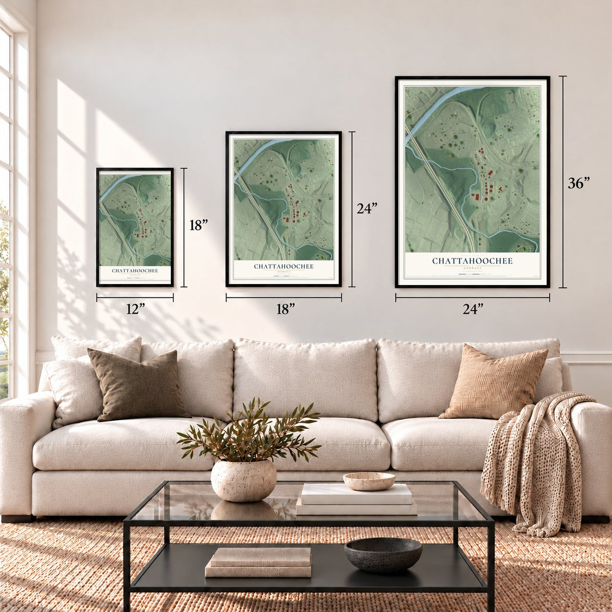 Chattahoochee, Georgia map in 12 x 18, 18 x 24 and 24 x 36 inch sizes above a sofa
