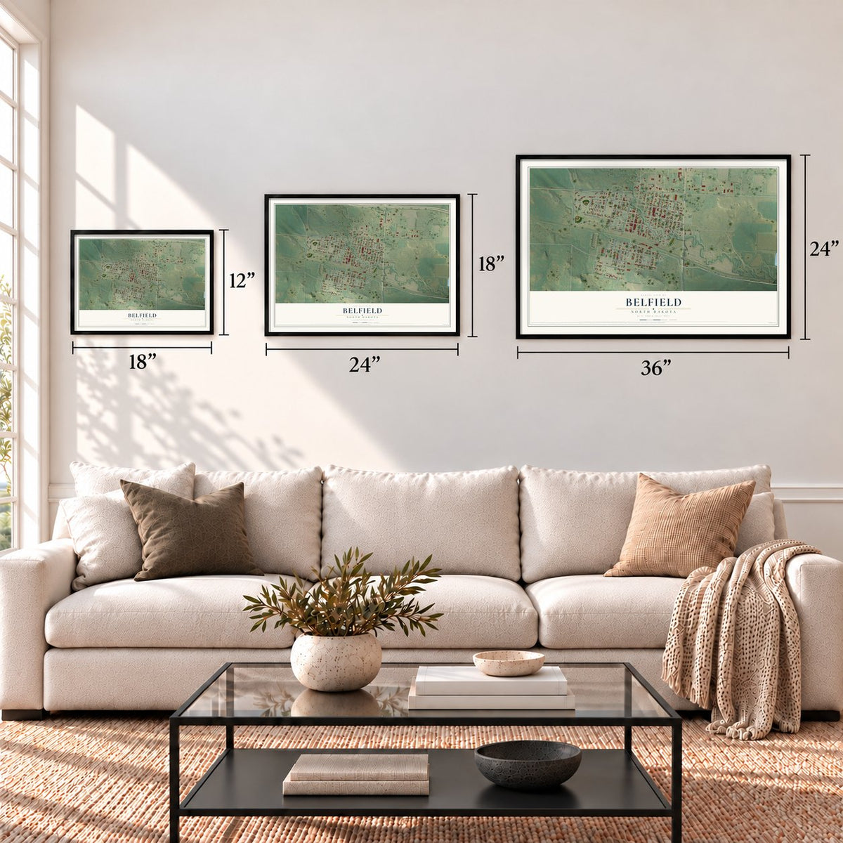 Belfield, North Dakota map in 12 x 18, 18 x 24 and 24 x 36 inch sizes above a sofa