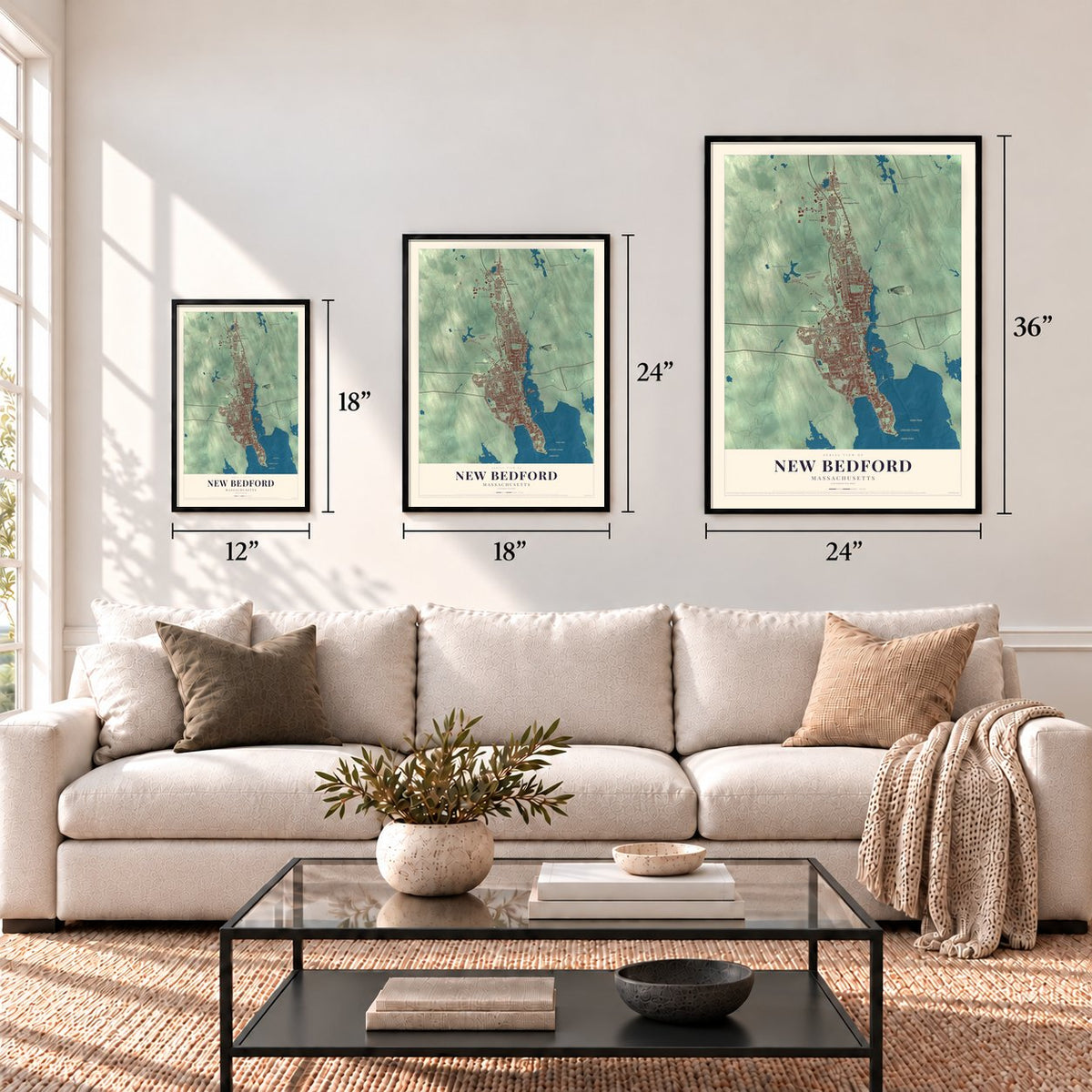 New Bedford, Massachusetts map in 12 x 18, 18 x 24 and 24 x 36 inch sizes above a sofa
