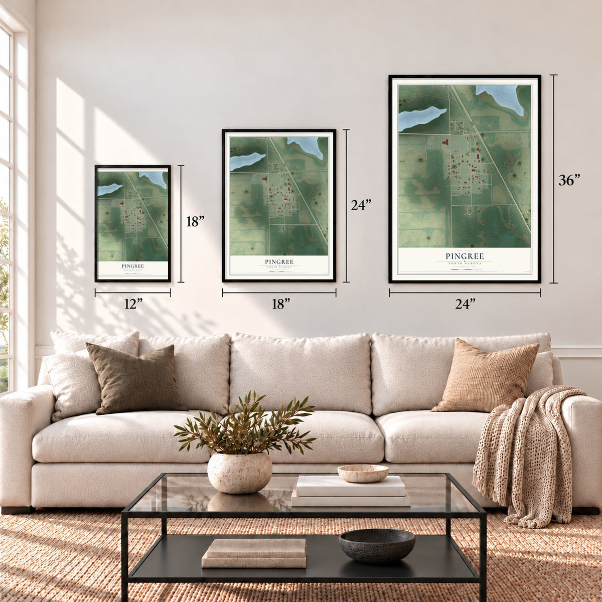 Pingree, North Dakota map in 12 x 18, 18 x 24 and 24 x 36 inch sizes above a sofa