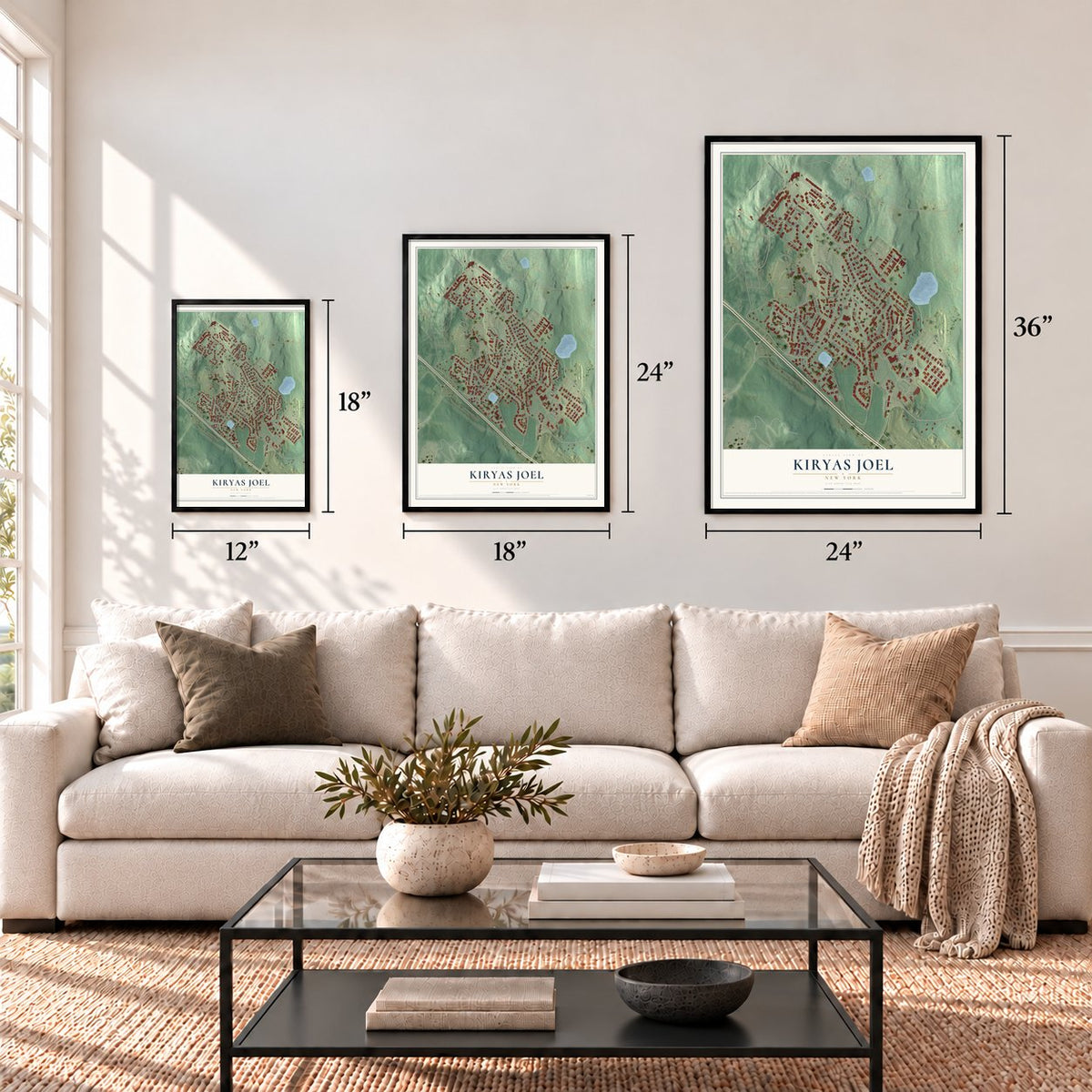 Kiryas Joel, New York map in 12 x 18, 18 x 24 and 24 x 36 inch sizes above a sofa