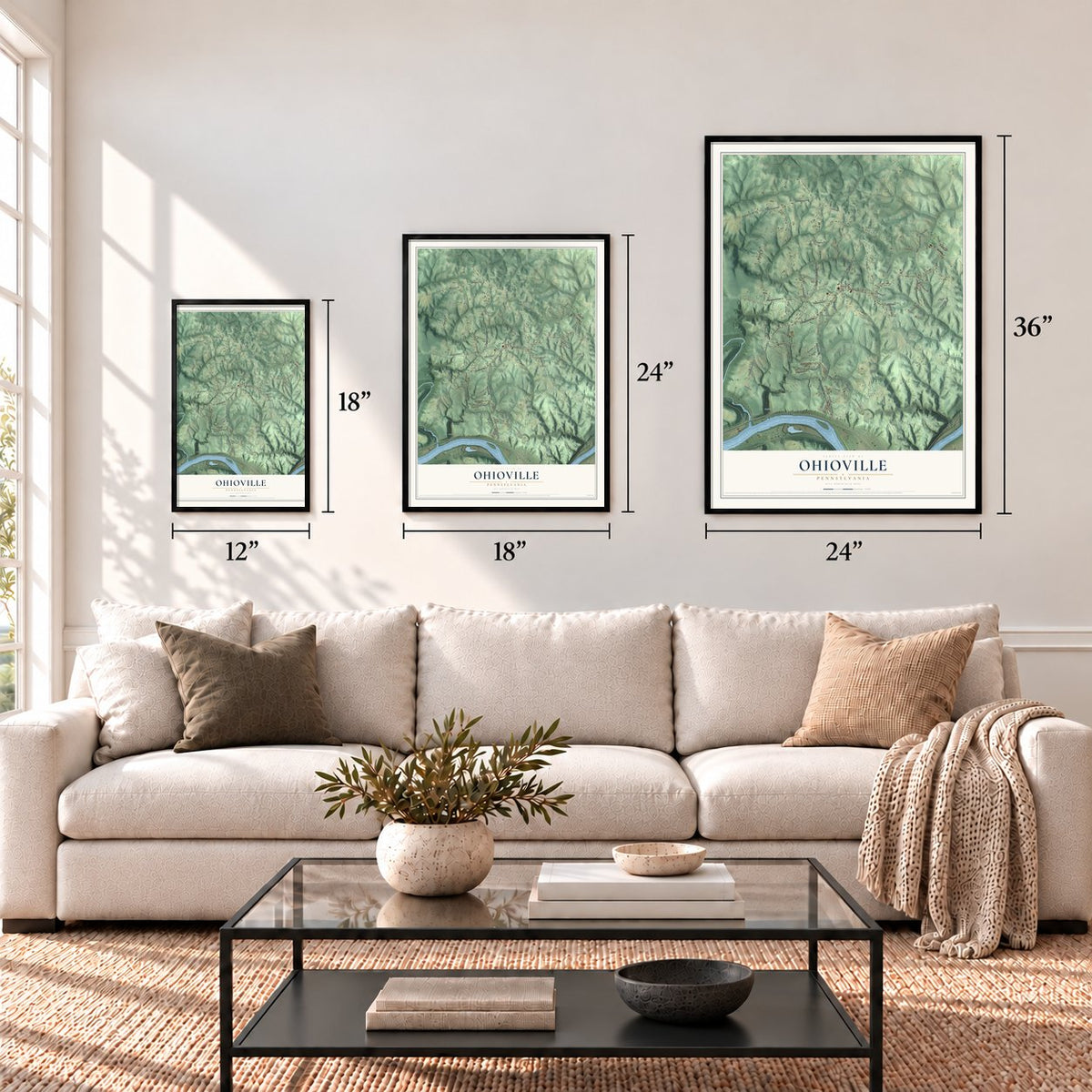 Ohioville, Pennsylvania map in 12 x 18, 18 x 24 and 24 x 36 inch sizes above a sofa