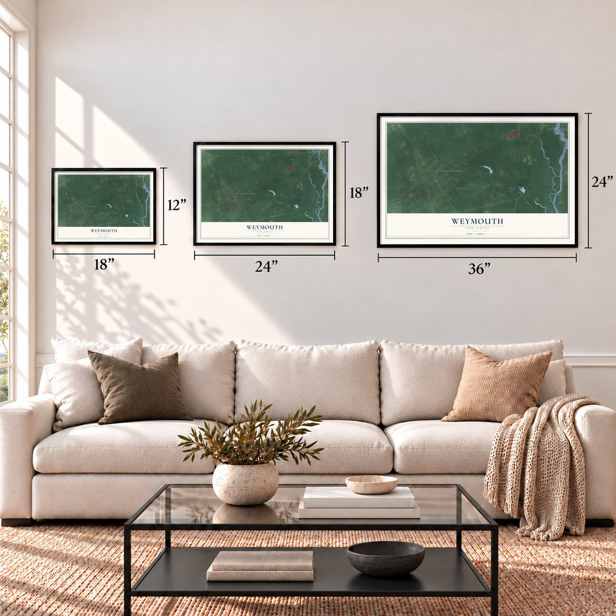Weymouth, New Jersey map in 12 x 18, 18 x 24 and 24 x 36 inch sizes above a sofa