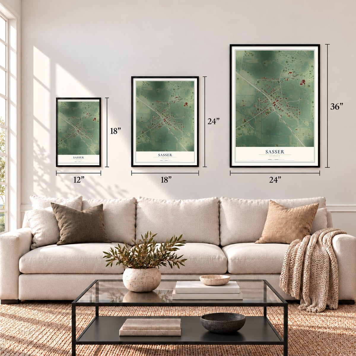 Sasser, Georgia map in 12 x 18, 18 x 24 and 24 x 36 inch sizes above a sofa