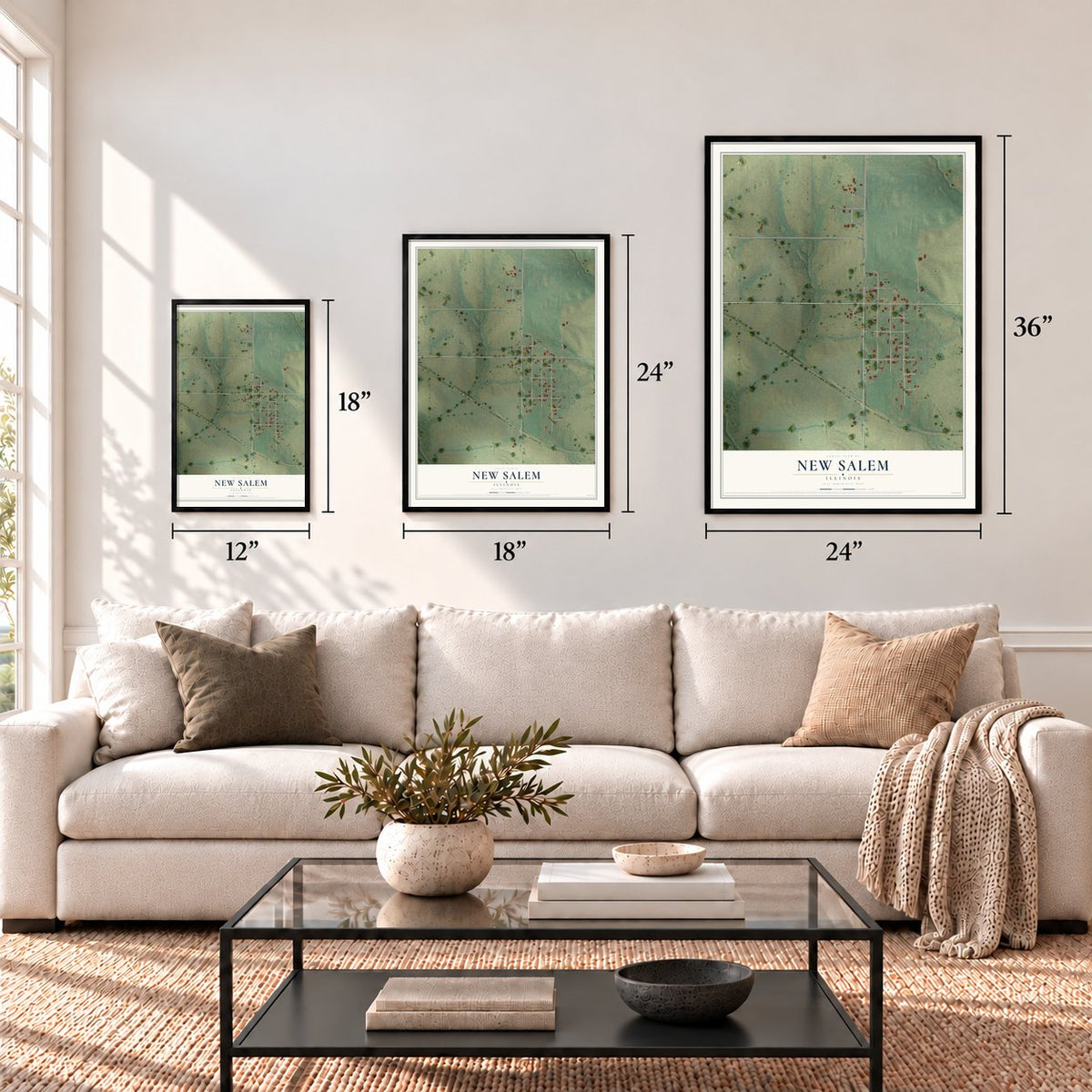 New Salem, Illinois map in 12 x 18, 18 x 24 and 24 x 36 inch sizes above a sofa