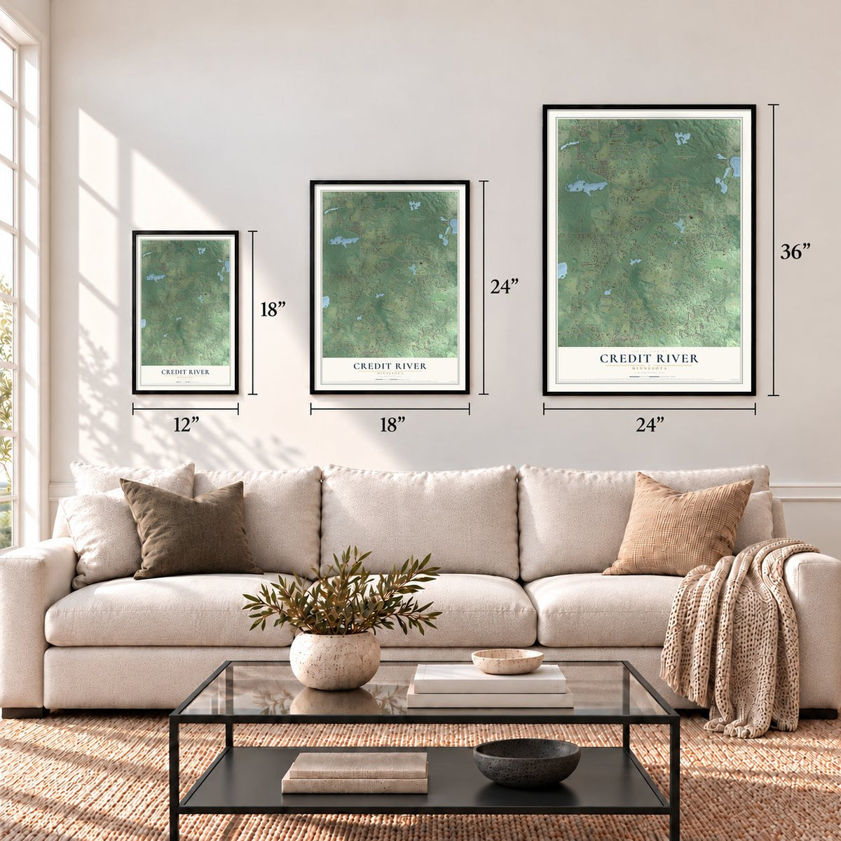Credit River, Minnesota map in 12 x 18, 18 x 24 and 24 x 36 inch sizes above a sofa