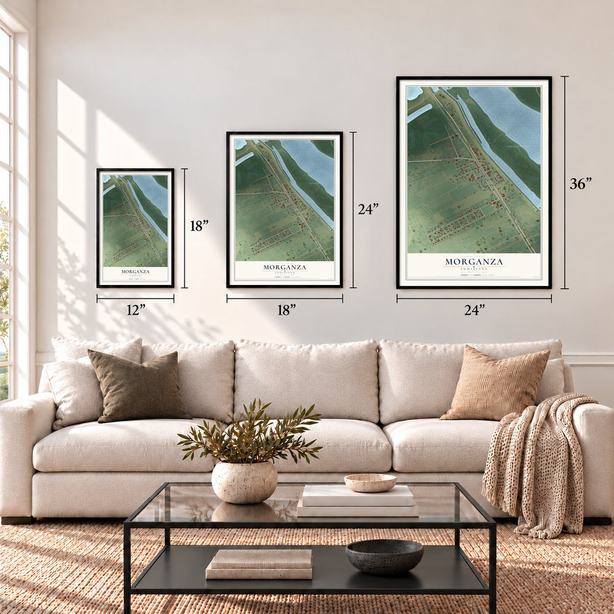 Morganza, Louisiana map in 12 x 18, 18 x 24 and 24 x 36 inch sizes above a sofa