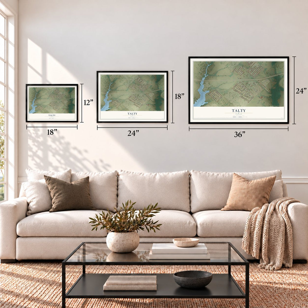 Talty, Texas map in 12 x 18, 18 x 24 and 24 x 36 inch sizes above a sofa