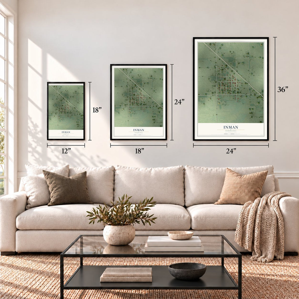 Inman, Nebraska map in 12 x 18, 18 x 24 and 24 x 36 inch sizes above a sofa