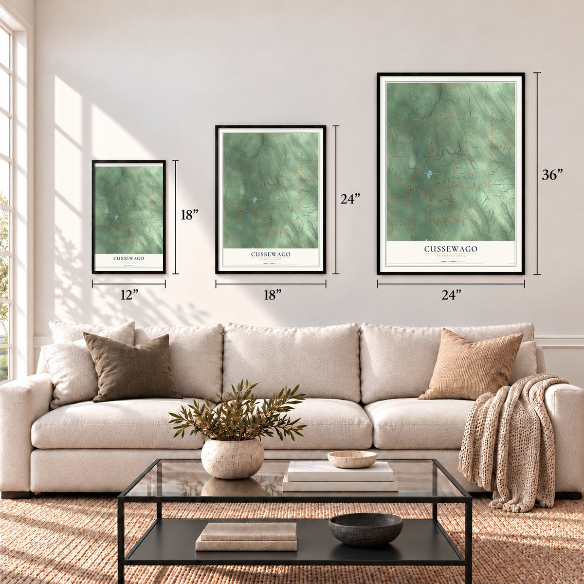 Cussewago, Pennsylvania map in 12 x 18, 18 x 24 and 24 x 36 inch sizes above a sofa