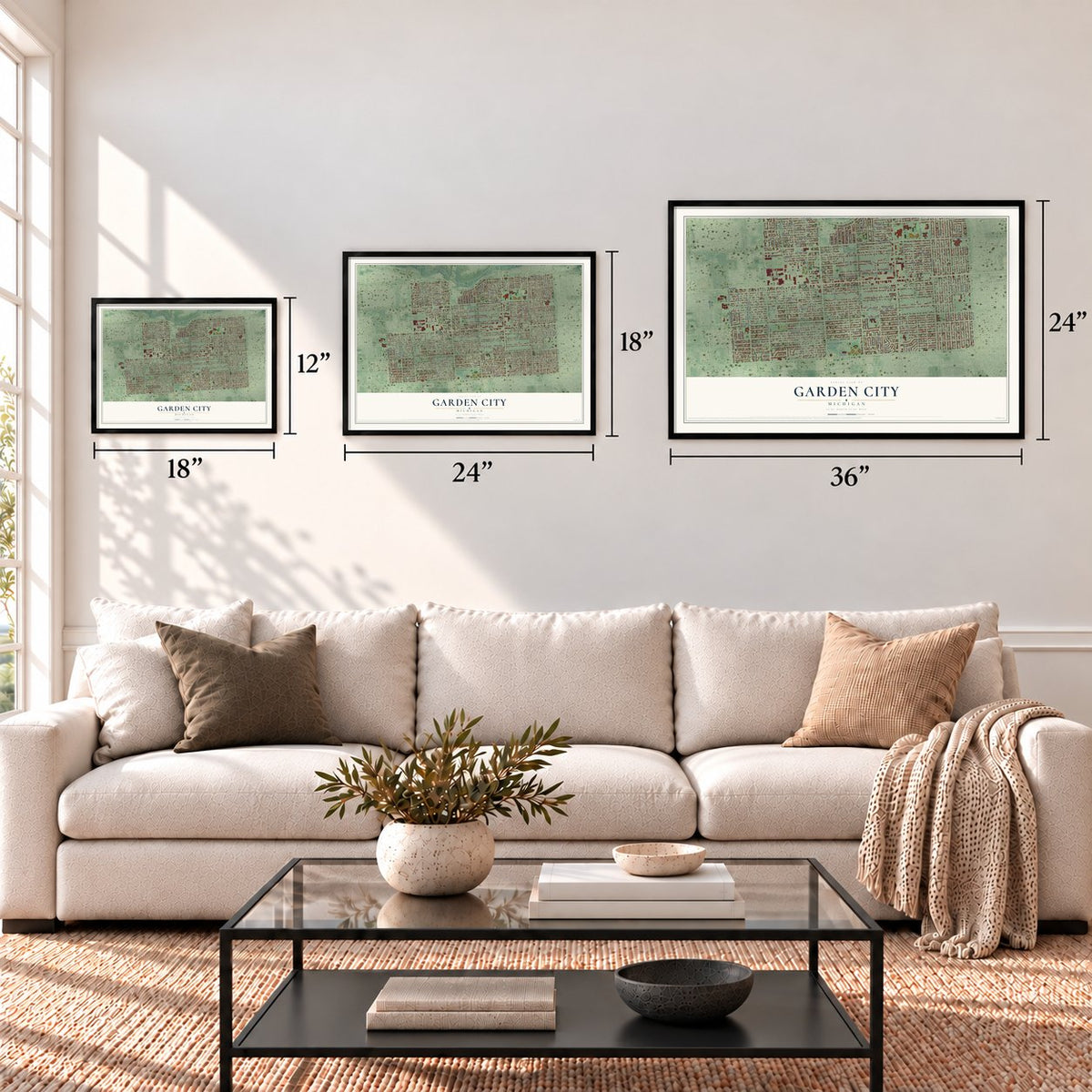 Garden City, Michigan map in 12 x 18, 18 x 24 and 24 x 36 inch sizes above a sofa