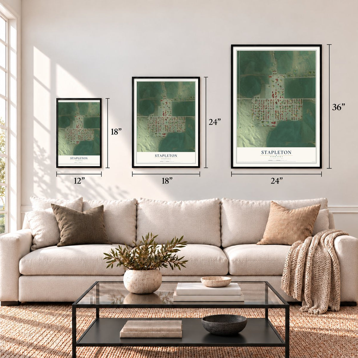 Stapleton, Nebraska map in 12 x 18, 18 x 24 and 24 x 36 inch sizes above a sofa