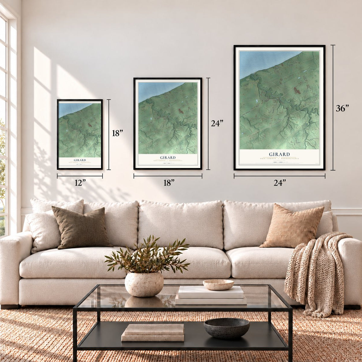 Girard, Erie County, Pennsylvania map in 12 x 18, 18 x 24 and 24 x 36 inch sizes above a sofa